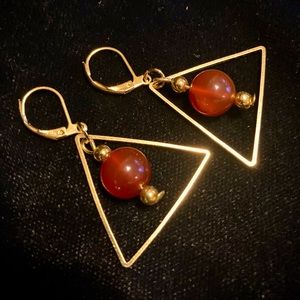 New Carnelian Orb Within Golden Triangle Drop Dangle Lever Back Earrings